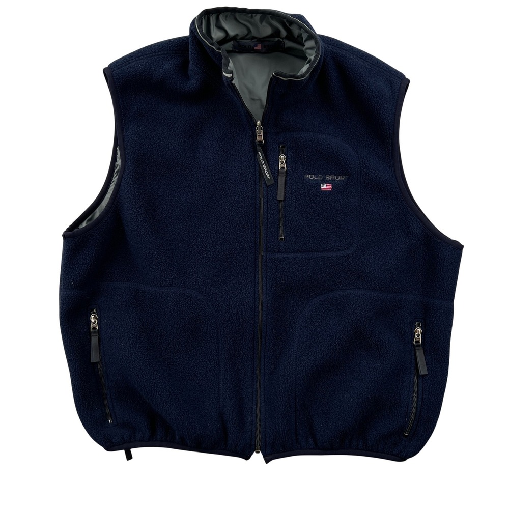 VTG 90s Polo Sport Ralph Lauren Fleece Vest Men XL Blue Full Zip Reversible USA